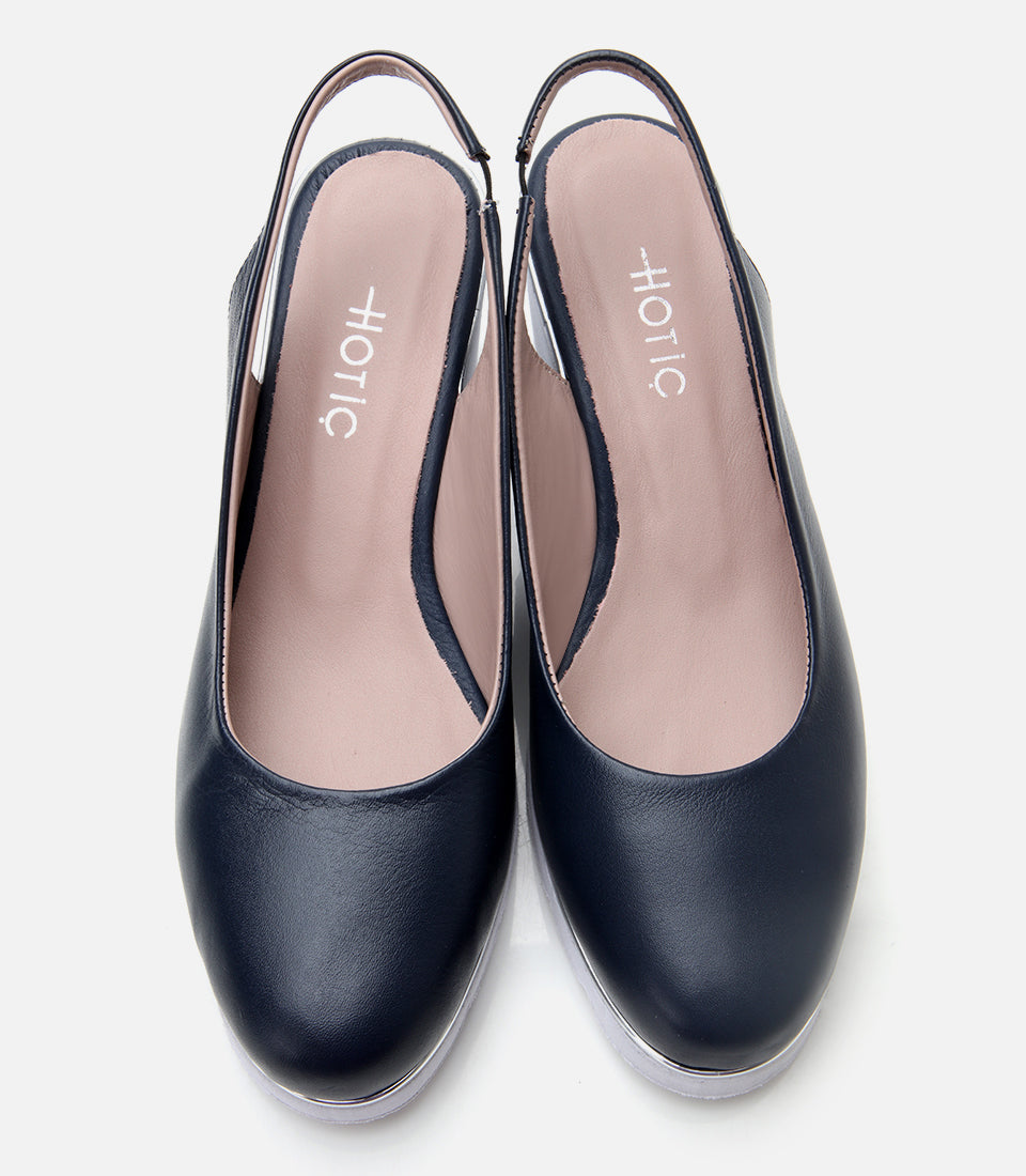 Women's Leather Wedge Shoes - Navy