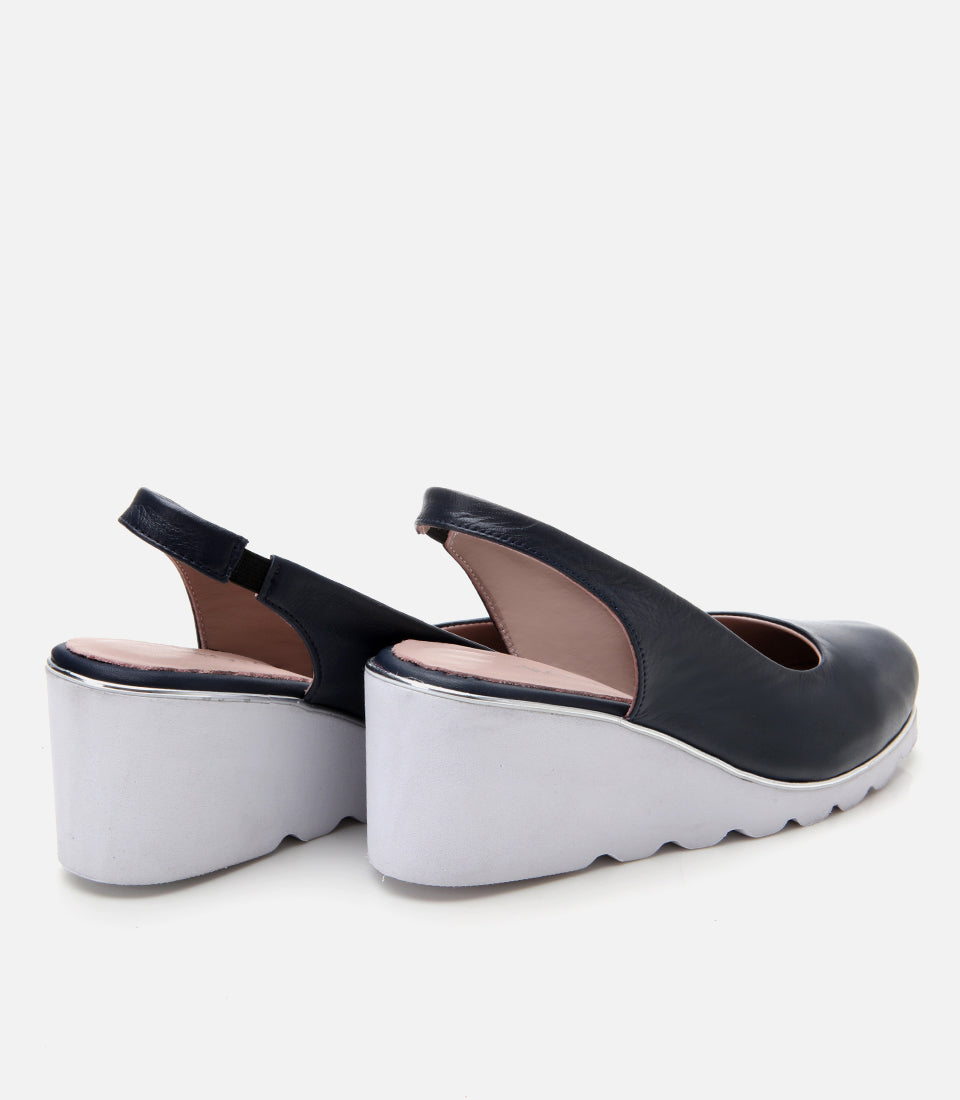 Women's Leather Wedge Shoes - Navy