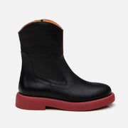 Women’s Genuine Leather Flat Boots - Black - Red