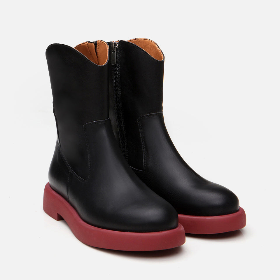 Women’s Genuine Leather Flat Boots - Black - Red