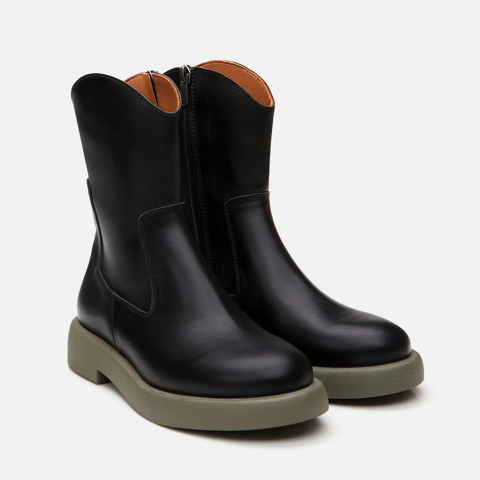 Women’s Genuine Leather Flat Boots - Black - Mink