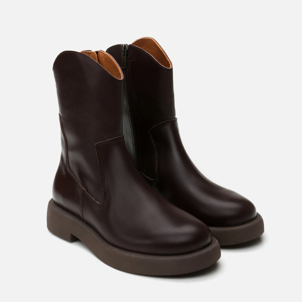 Women’s Genuine Leather Flat Boots - Brown