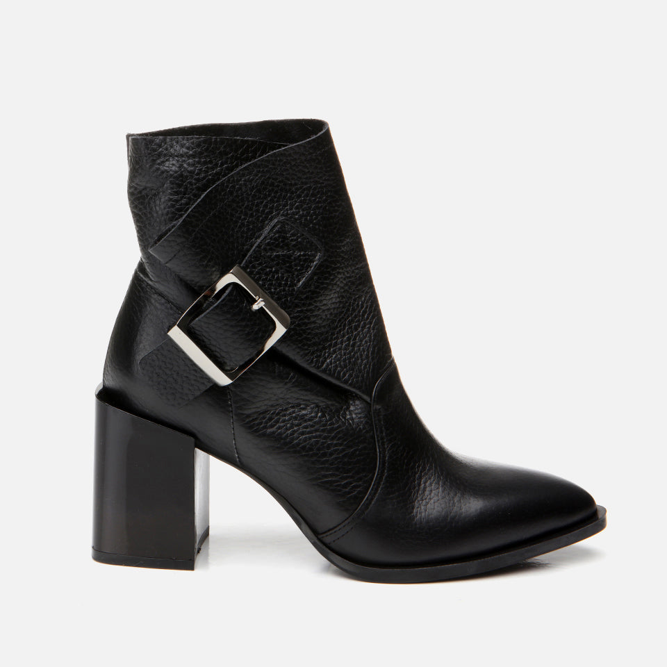 Women’s Genuine Leather Buckle Detail Heeled Boot - Black