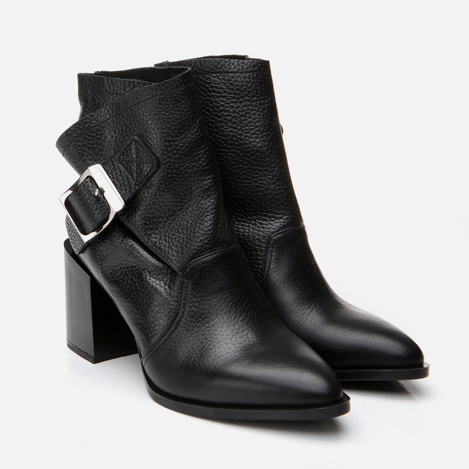 Women’s Genuine Leather Buckle Detail Heeled Boot - Black