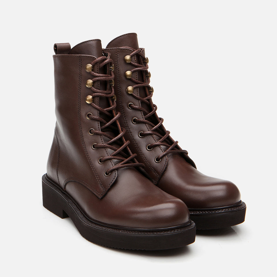 Women’s Genuine Leather Flat Boot - Brown