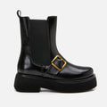 Women's Faux Leather Buckle Detail Flat Boots - Black