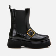 Women’s Faux Leather Buckle Detail  Flat Boot - Black