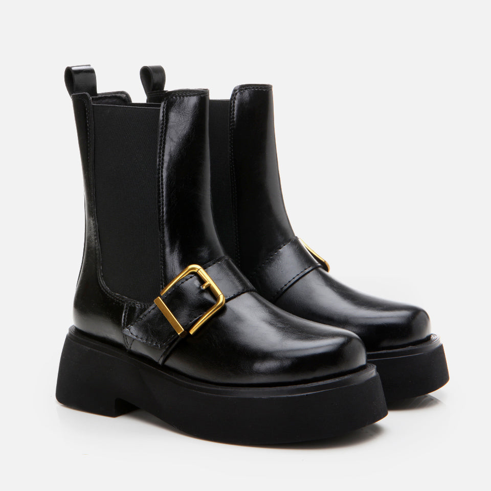 Women’s Faux Leather Buckle Detail  Flat Boot - Black