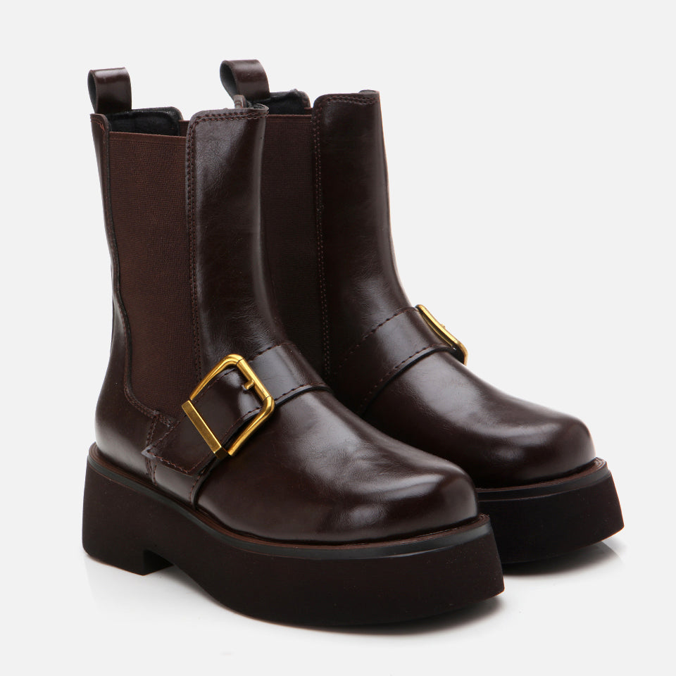 Women’s Faux Leather Buckle Detail  Flat Boot - Brown