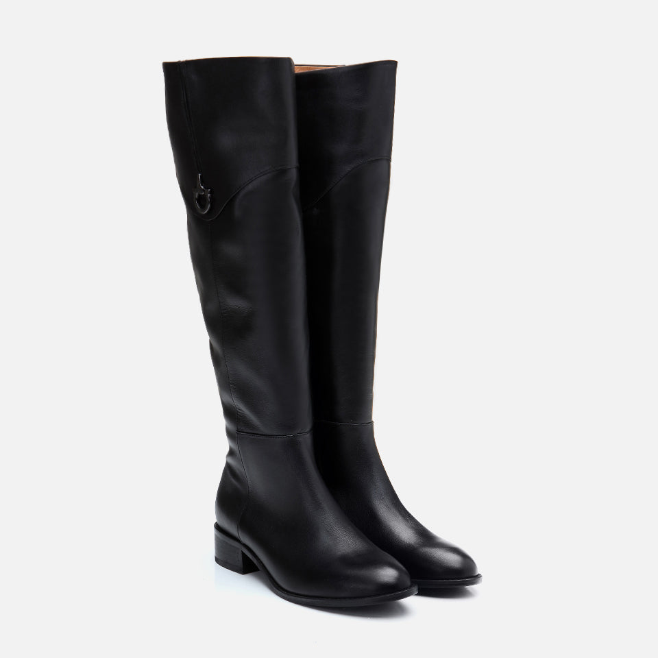 Women's Genuine Leather Knee-High Boots - Black