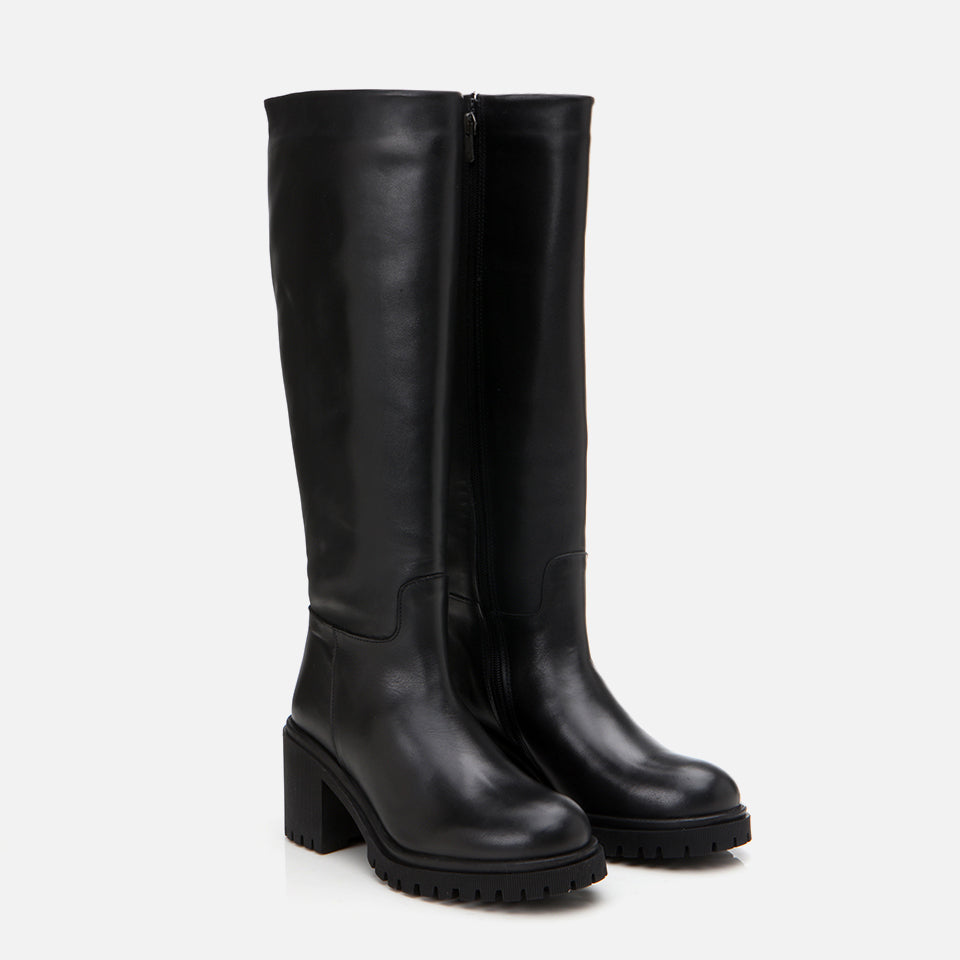 Women's Genuine Leather Knee-High Boots - Black