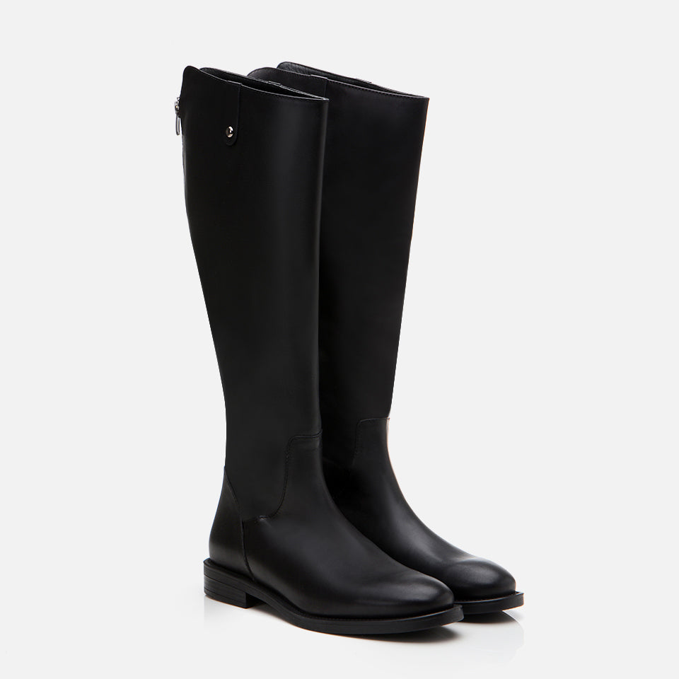Women's Genuine Leather Knee-High Boots - Black