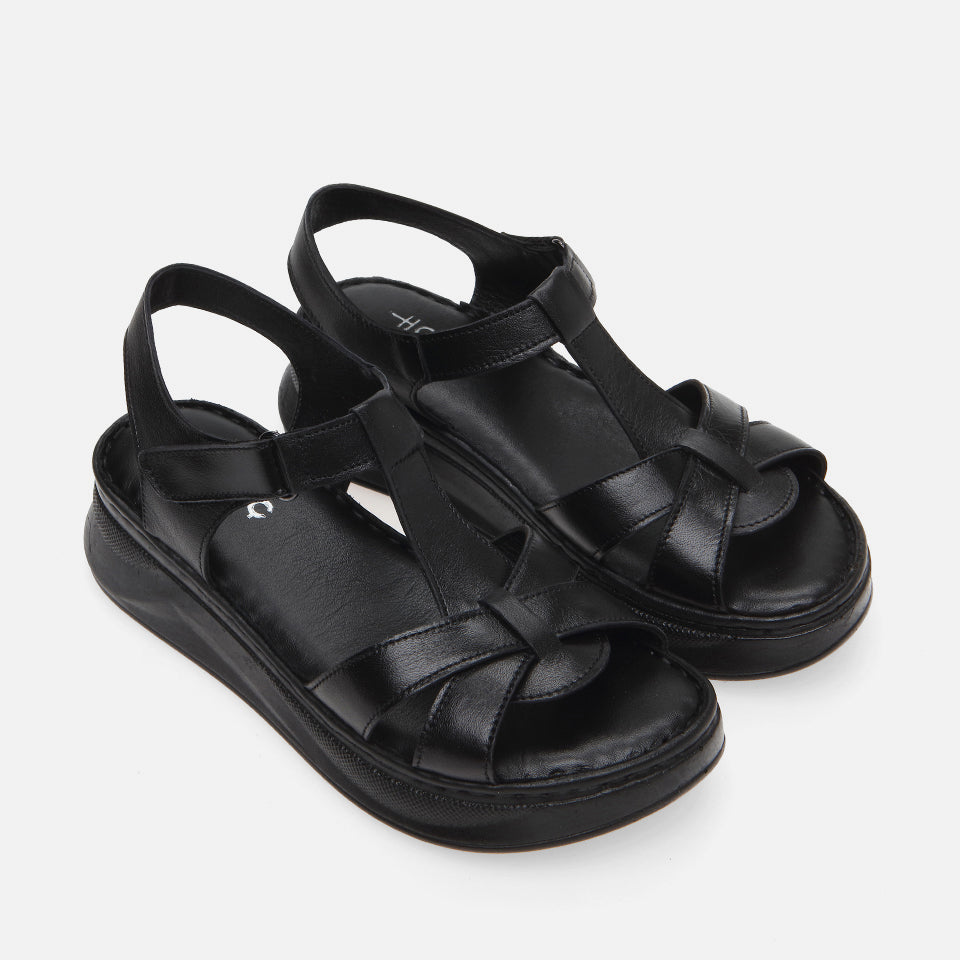 Women's Leather Flat Sandals - Black