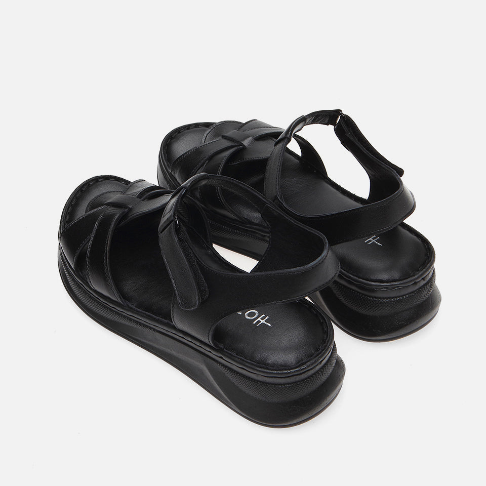 Women's Leather Flat Sandals - Black
