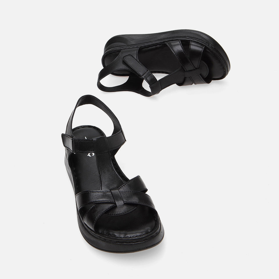Women's Leather Flat Sandals - Black
