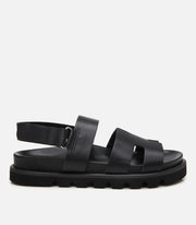 Women's Leather Flat Sandals - Black