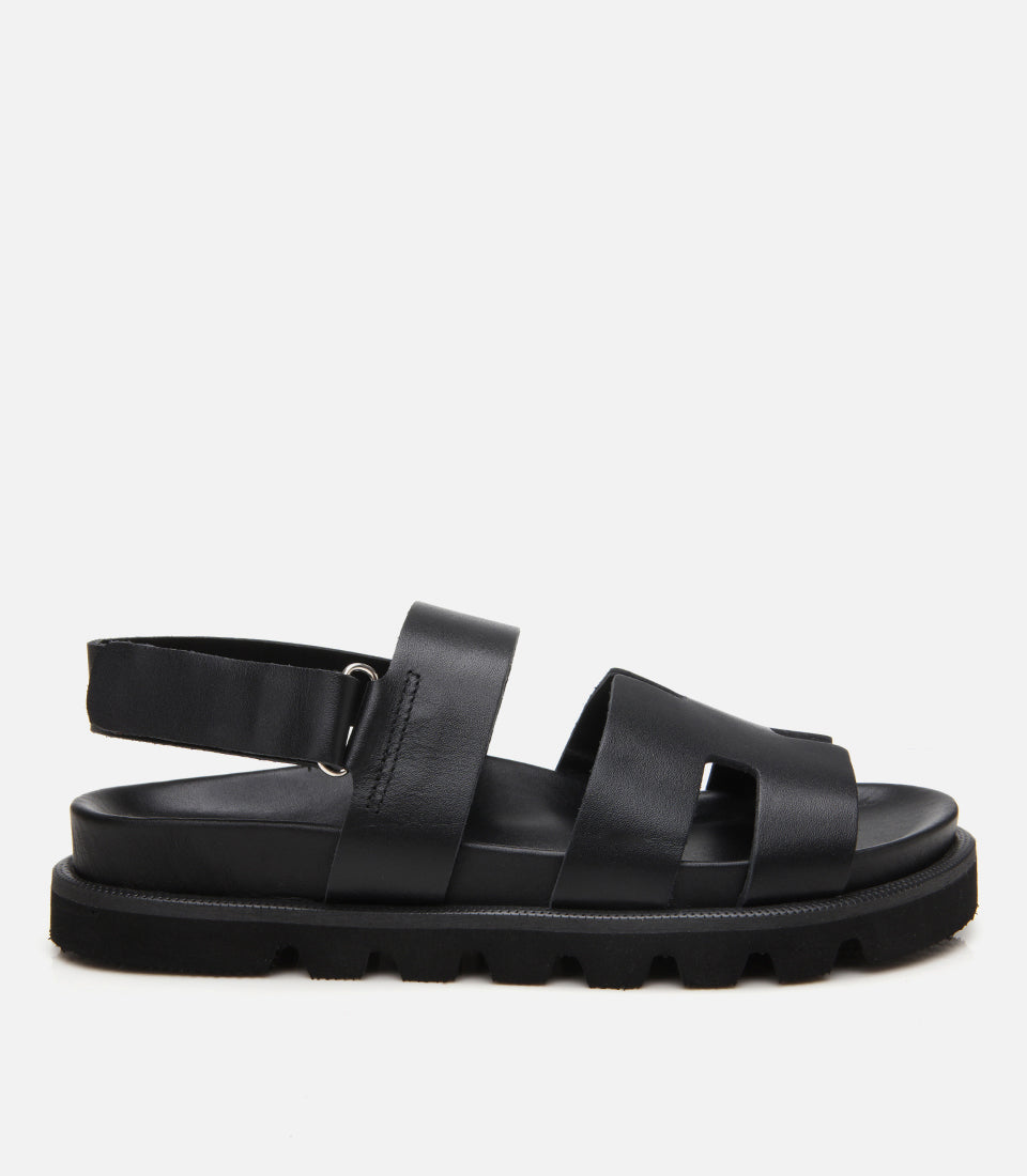 Women's Leather Flat Sandals - Black