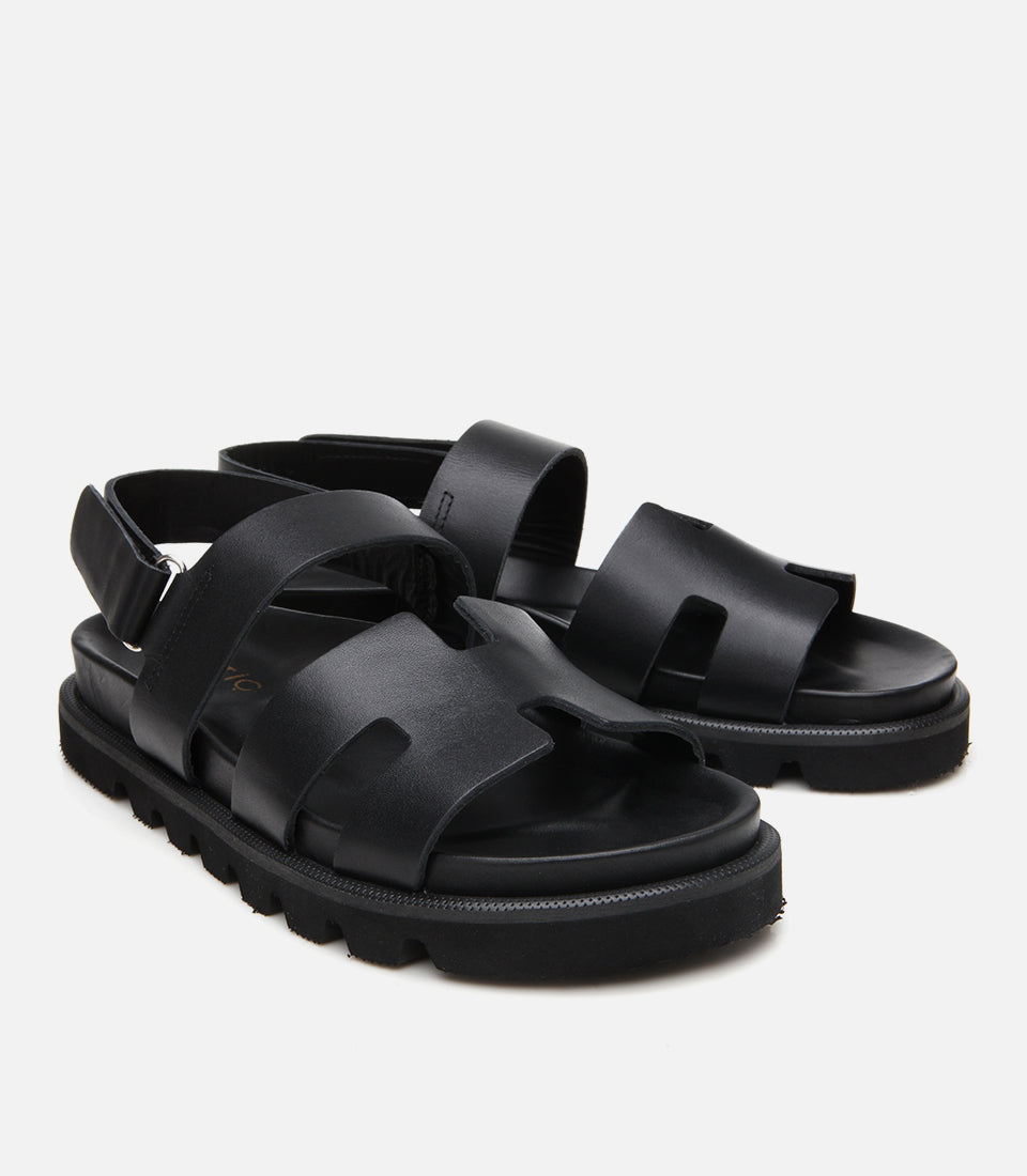 Women's Leather Flat Sandals - Black