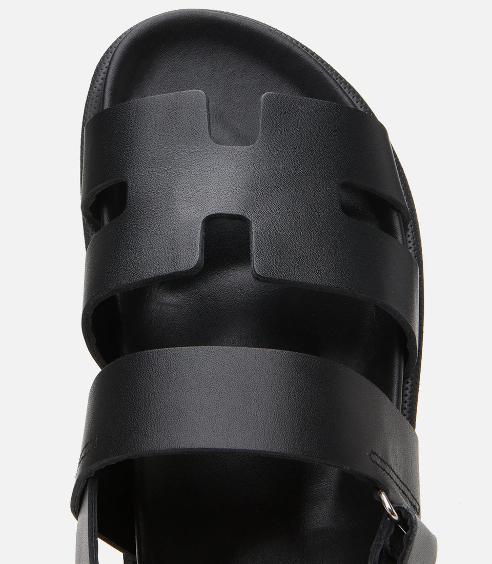 Women's Leather Flat Sandals - Black