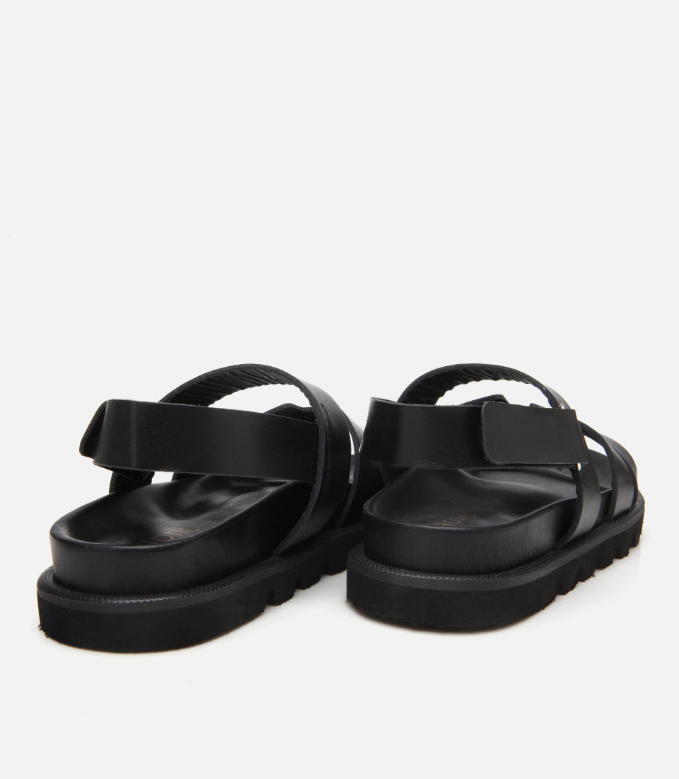Women's Leather Flat Sandals - Black