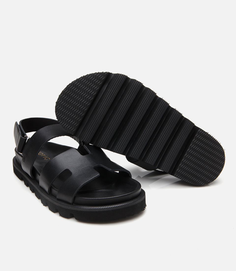Women's Leather Flat Sandals - Black