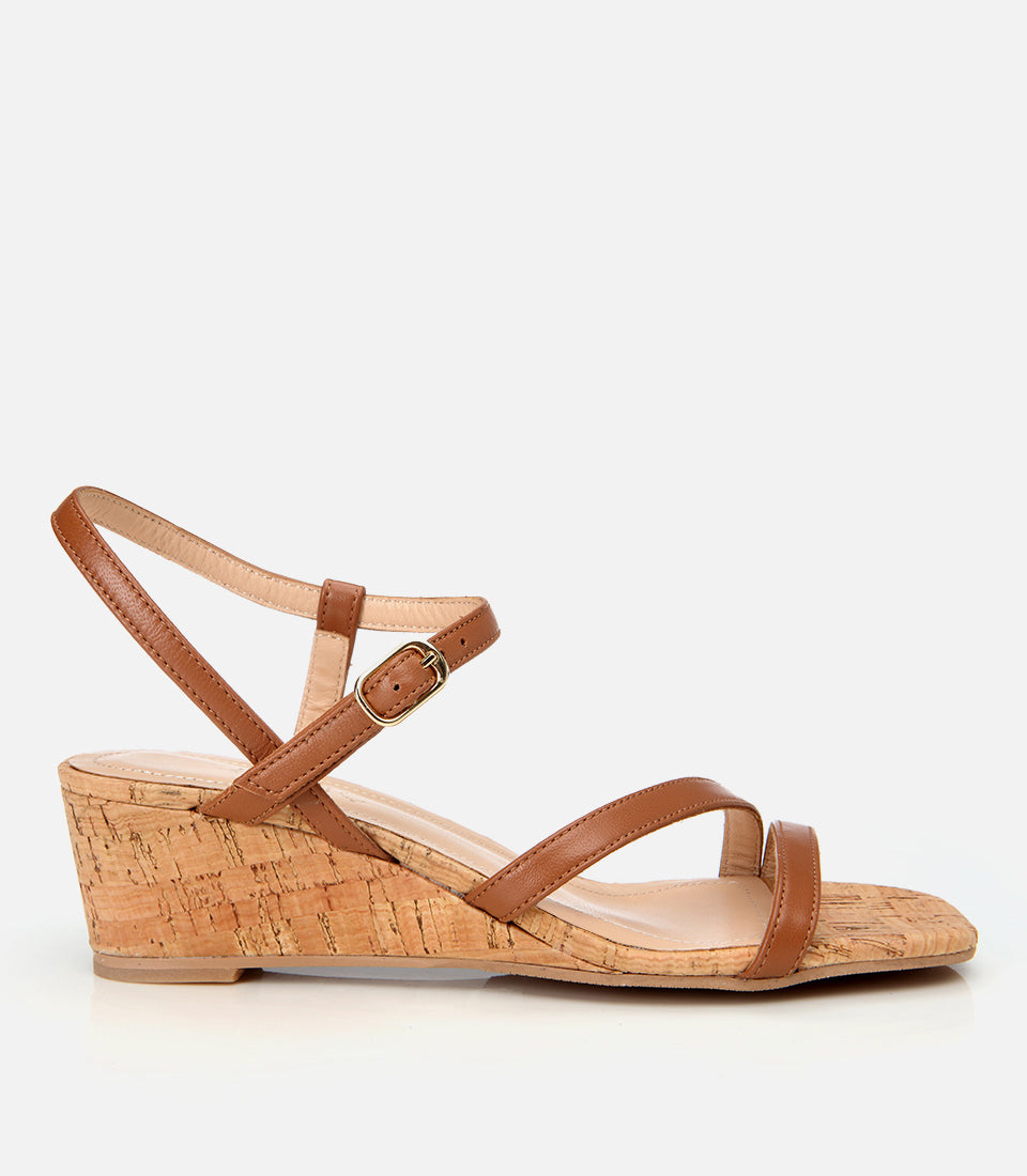 Women's Leather Wedge Sandals - Tan