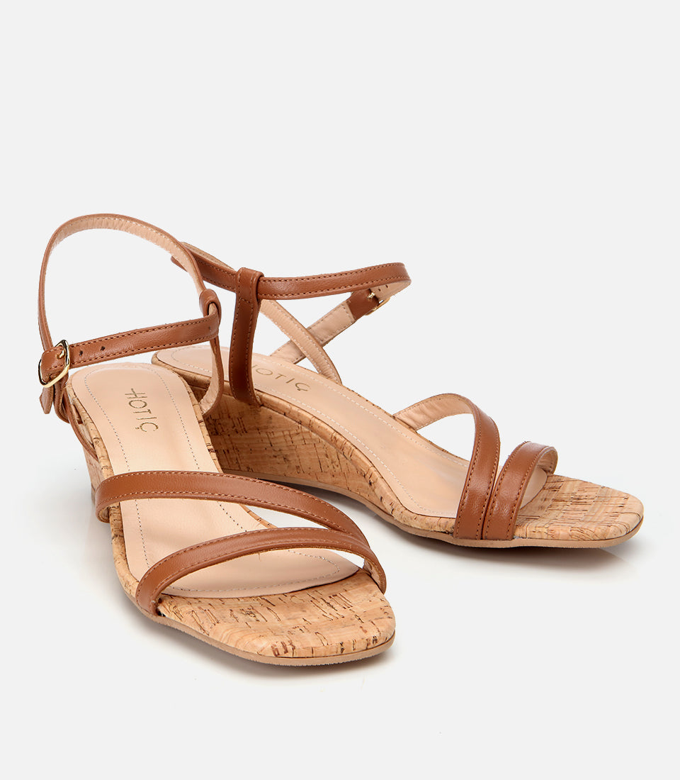 Women's Leather Wedge Sandals - Tan