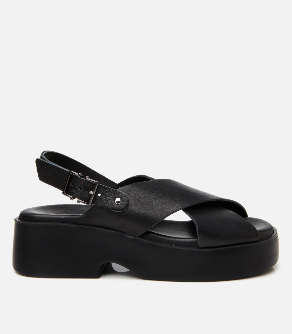 Women's Leather Wedge Sandals - Black