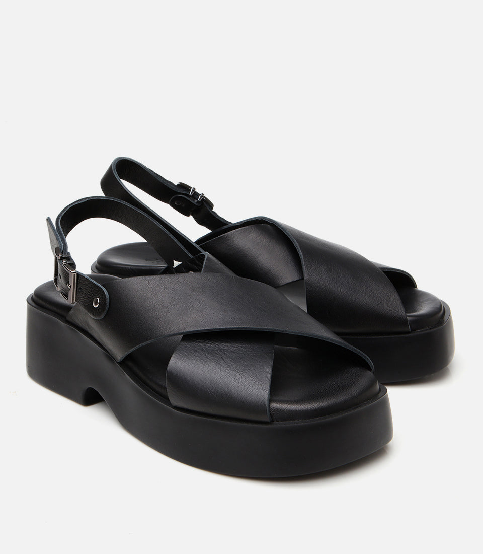 Women's Leather Wedge Sandals - Black