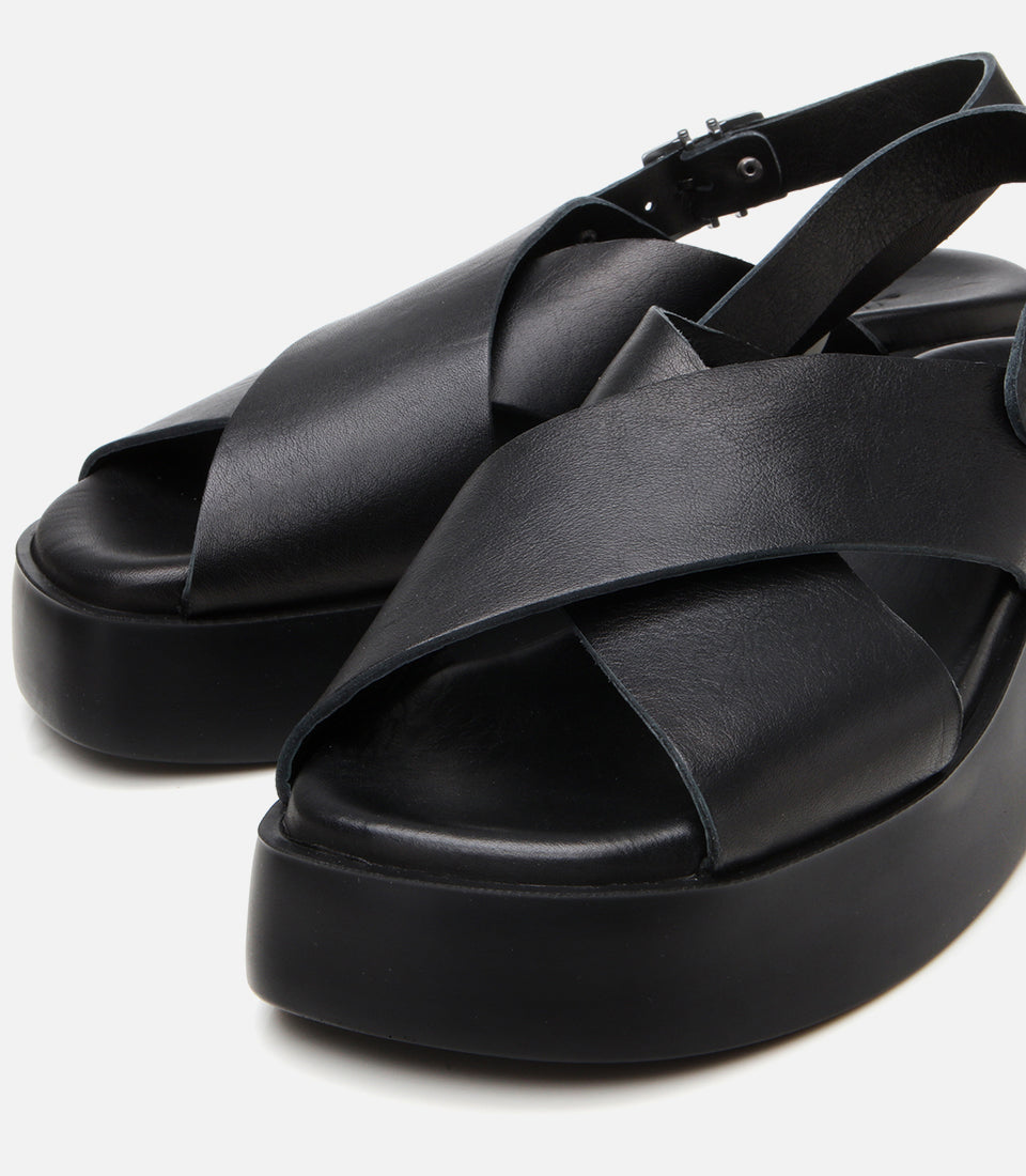 Women's Leather Wedge Sandals - Black