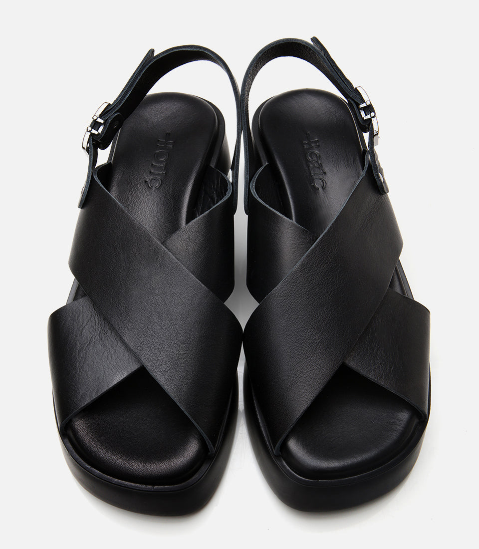 Women's Leather Wedge Sandals - Black