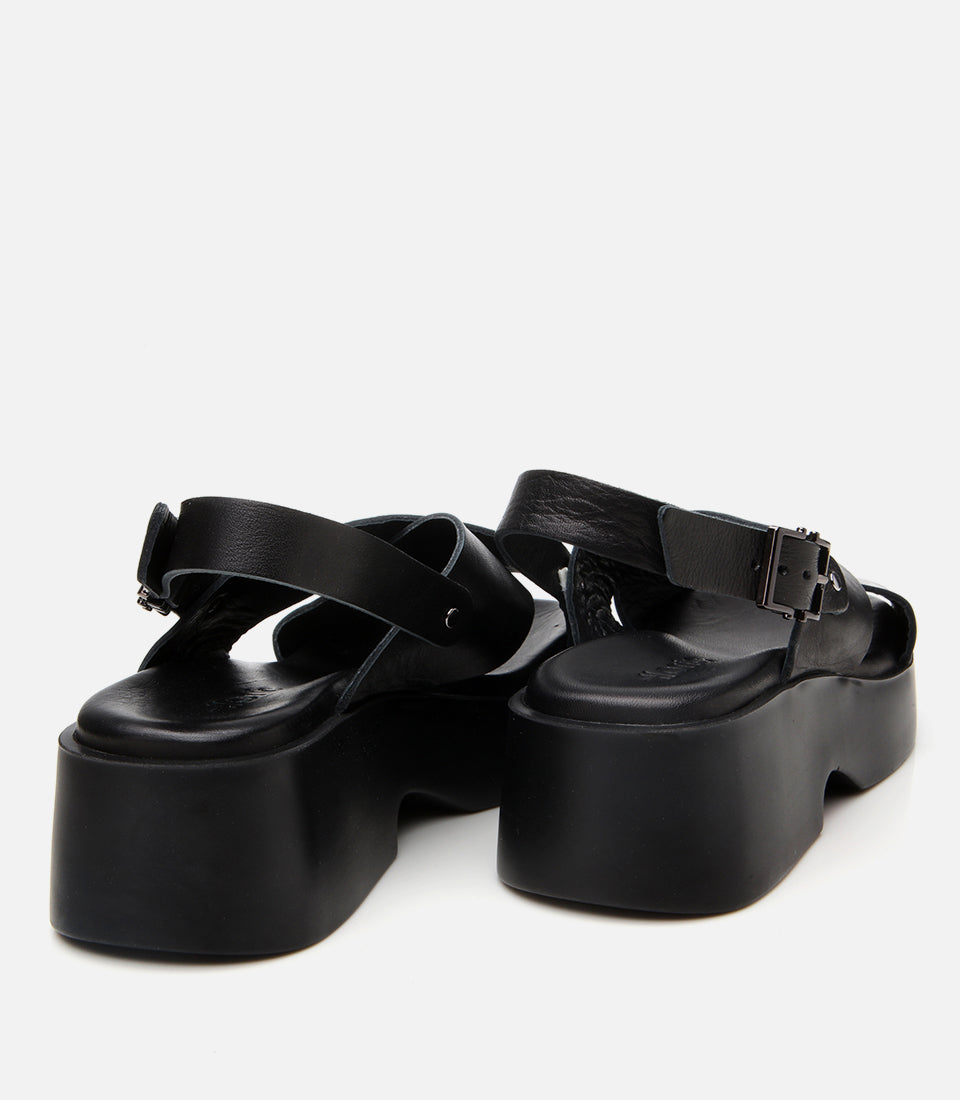 Women's Leather Wedge Sandals - Black