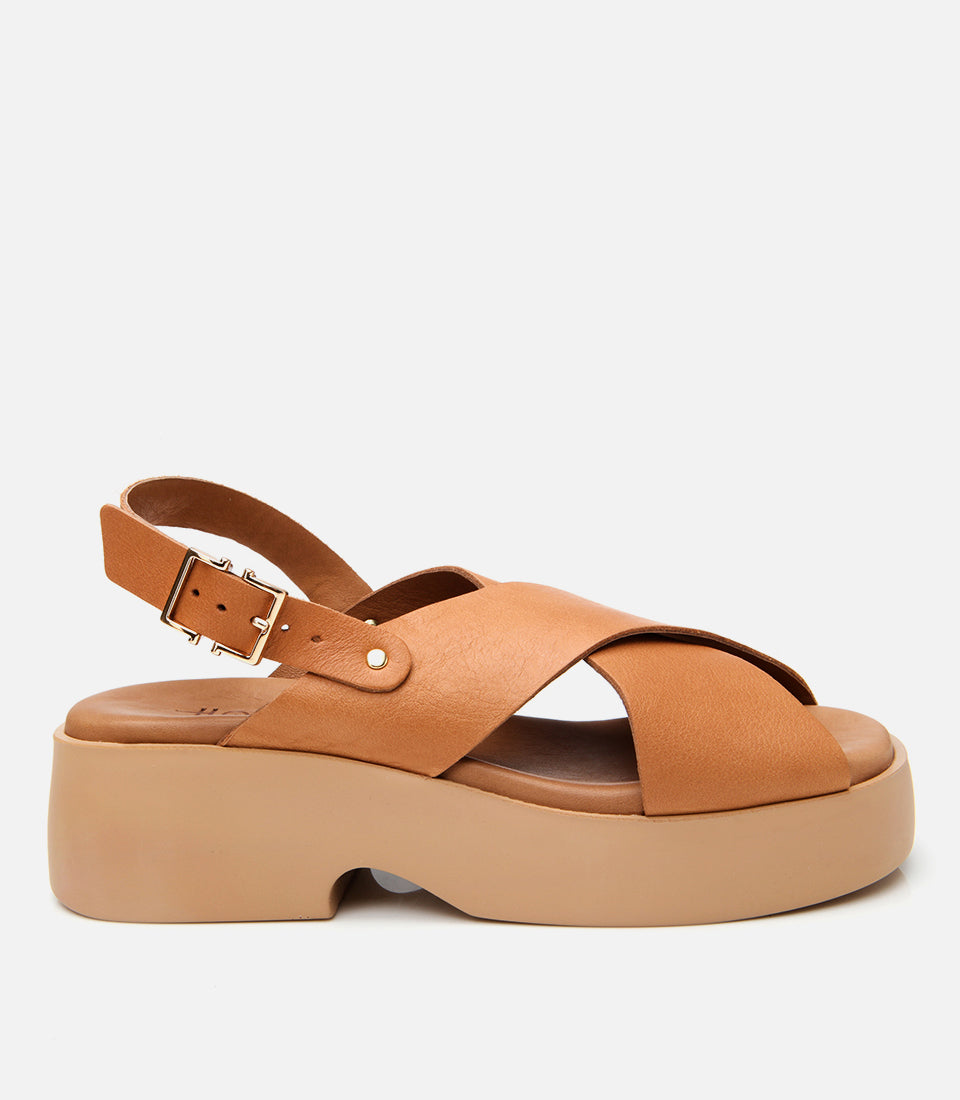 Women's Leather Wedge Sandals - Tan
