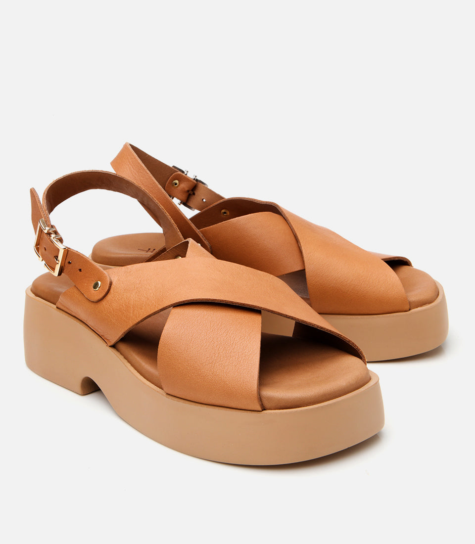 Women's Leather Wedge Sandals - Tan