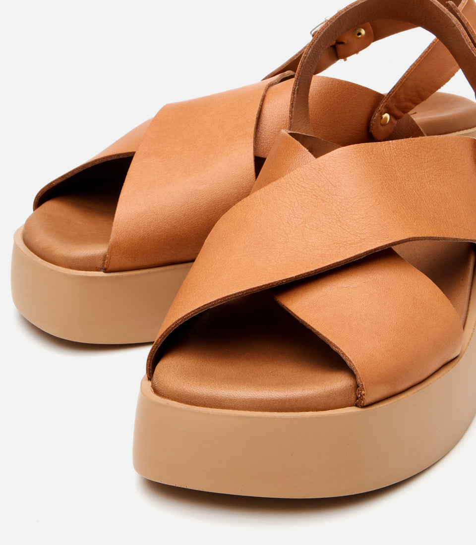 Women's Leather Wedge Sandals - Tan