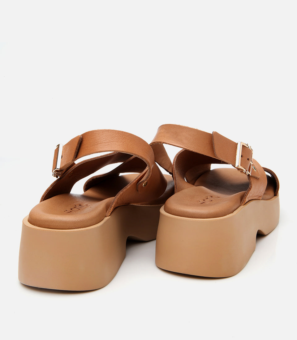 Women's Leather Wedge Sandals - Tan