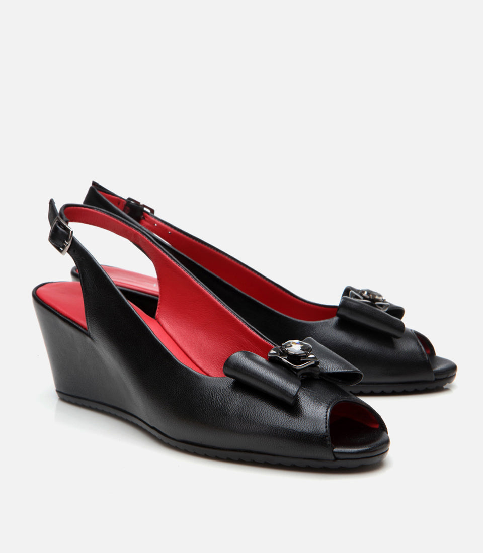 Women's Leather Wedge Sandals - Black