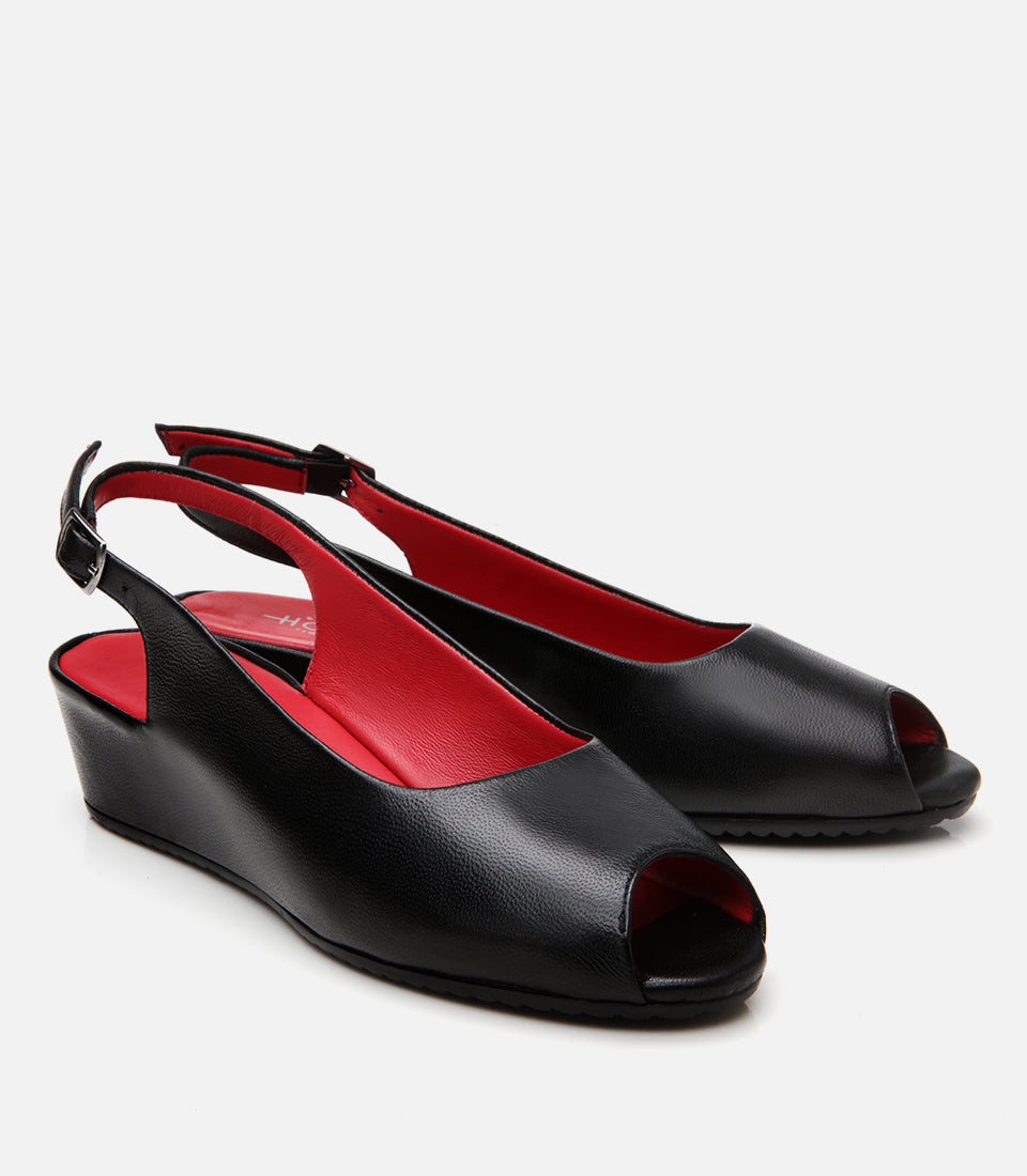 Women's Leather Wedge Sandals - Black