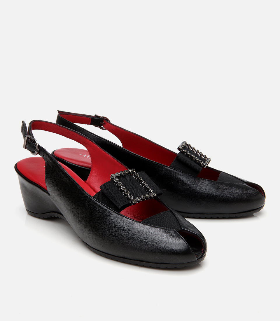 Women's Leather Wedge Sandals - Black