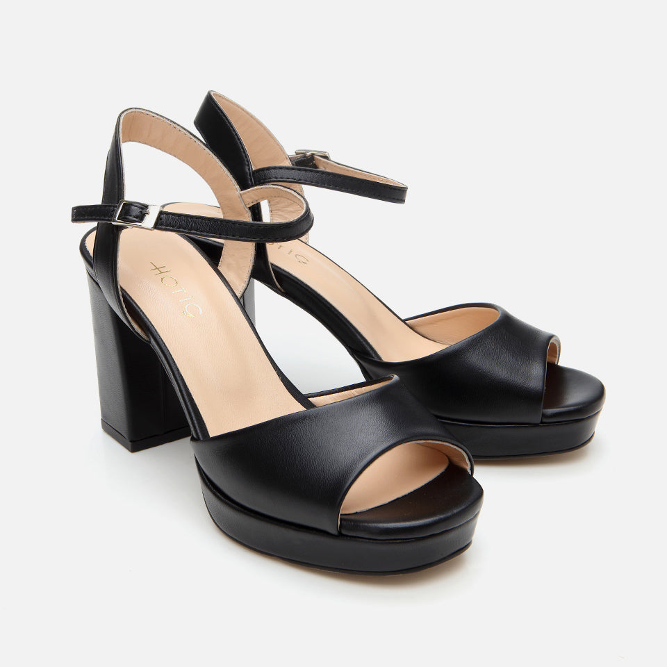 Women's Leather Platform Sandals - Black