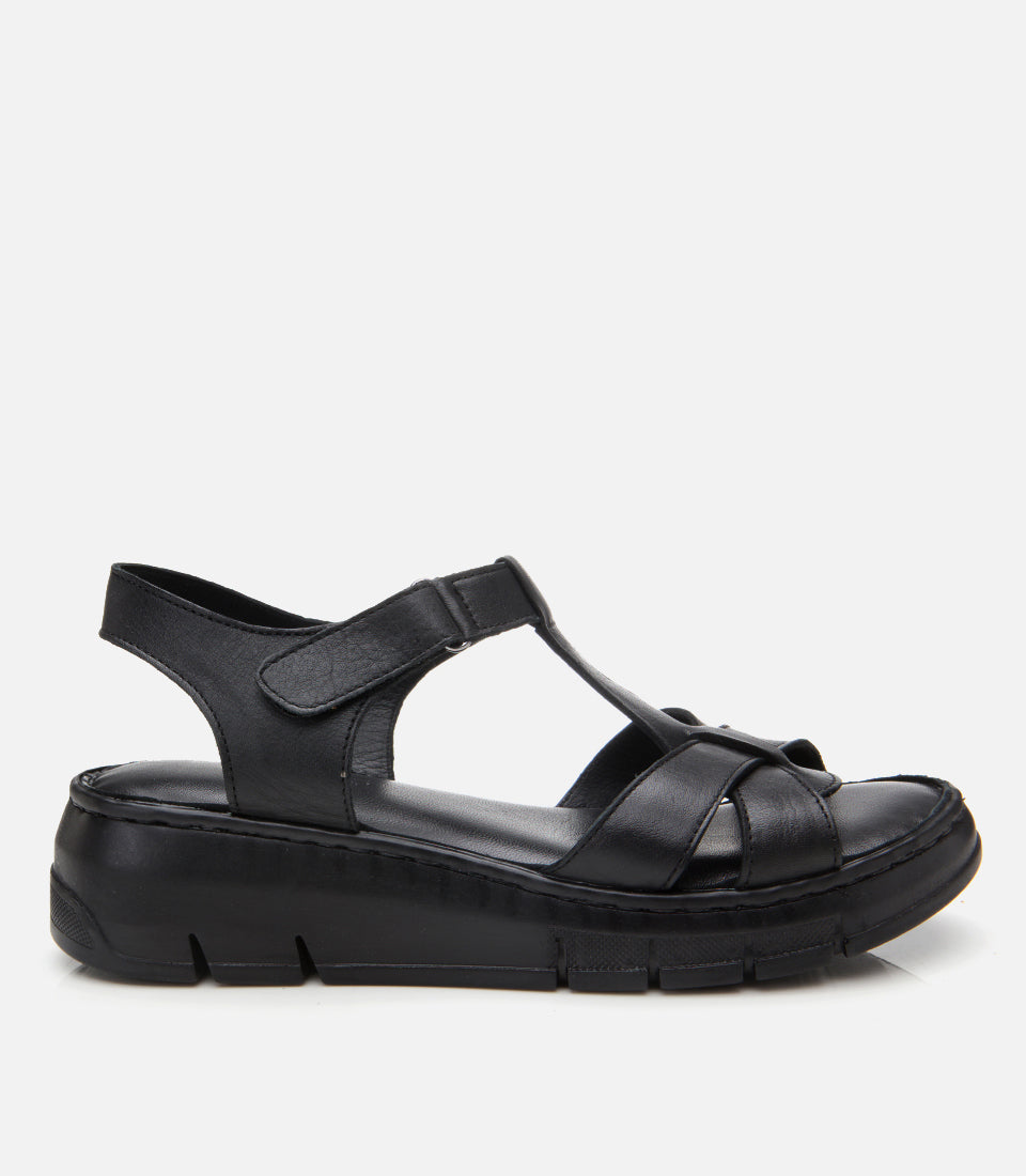 Women's Leather Wedge Sandals - Black