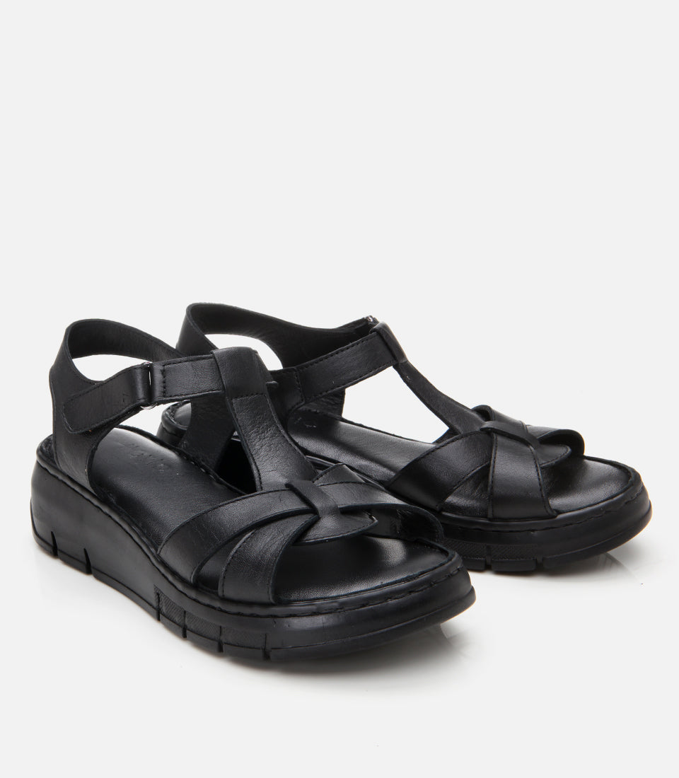 Women's Leather Wedge Sandals - Black