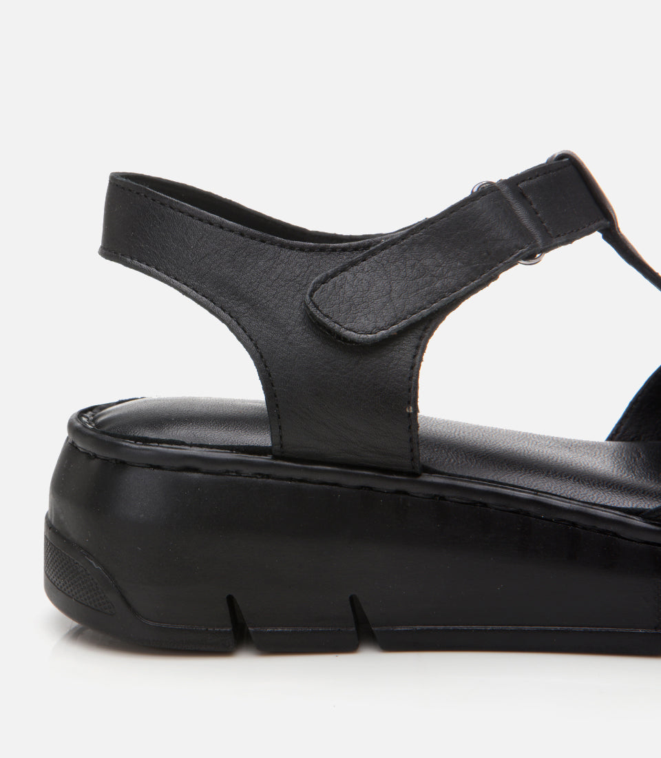 Women's Leather Wedge Sandals - Black
