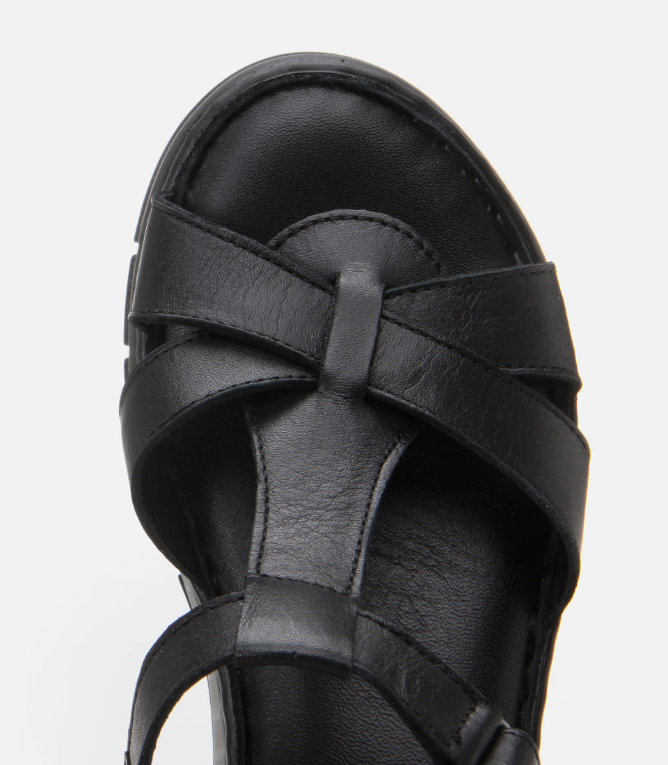 Women's Leather Wedge Sandals - Black