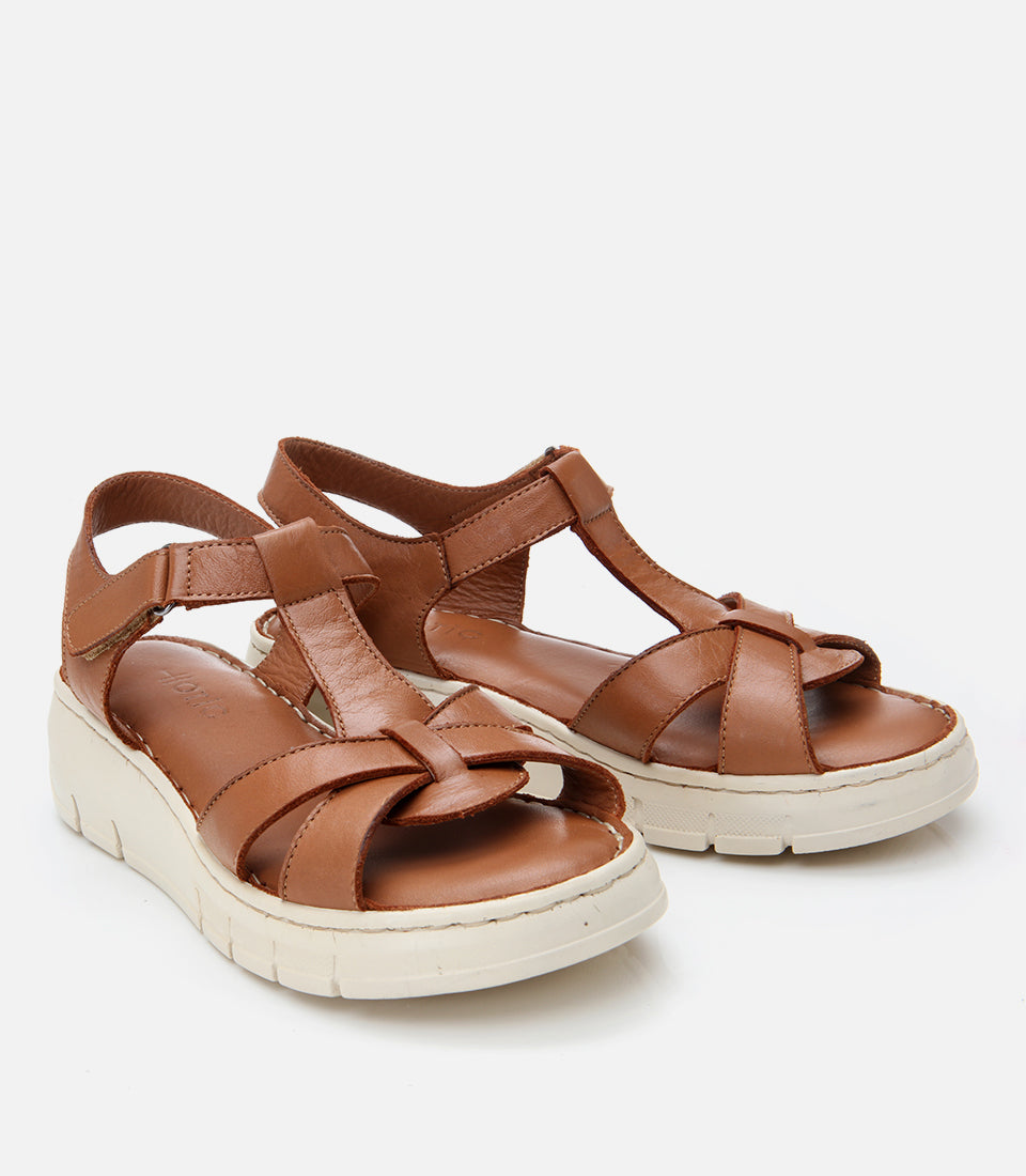 Women's Leather Wedge Sandals - Tan