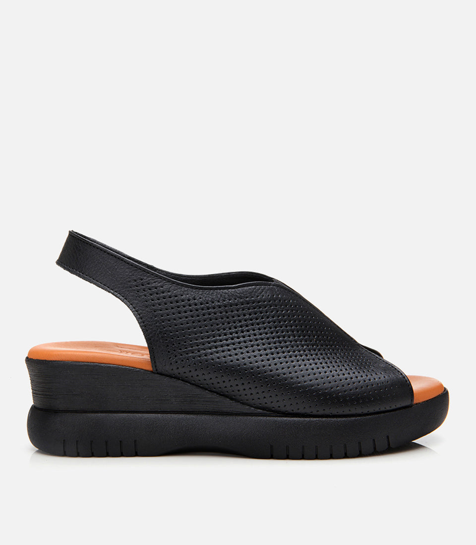 Women's Leather Wedge Sandals - Black