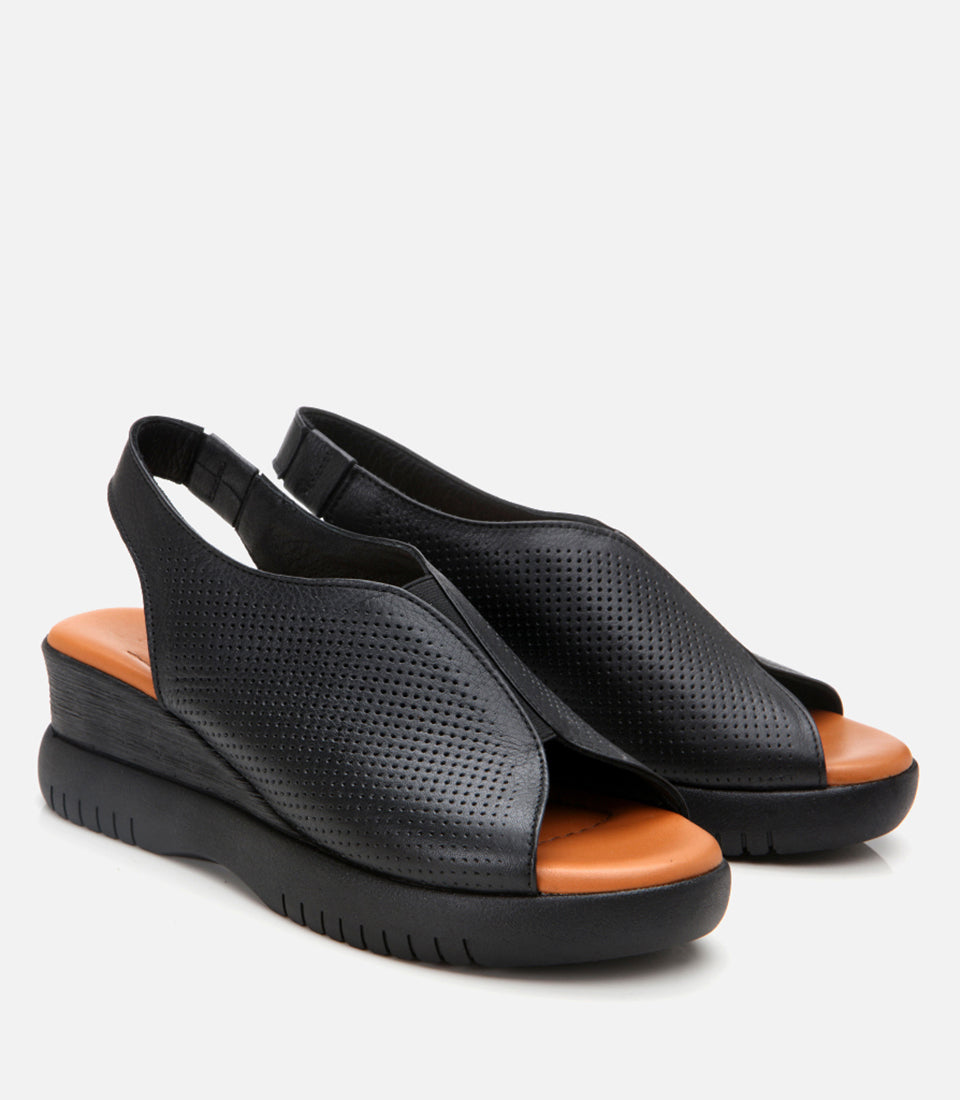 Women's Leather Wedge Sandals - Black