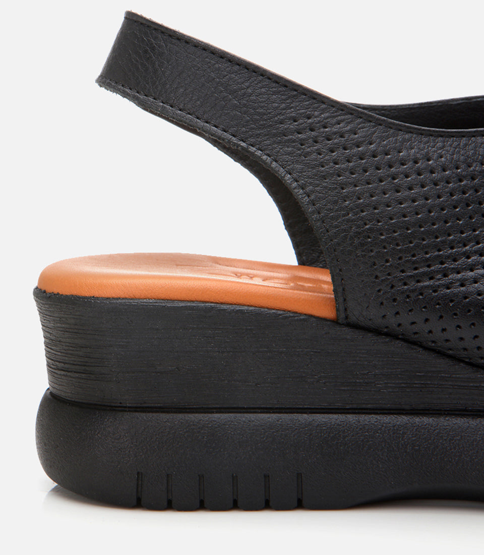 Women's Leather Wedge Sandals - Black