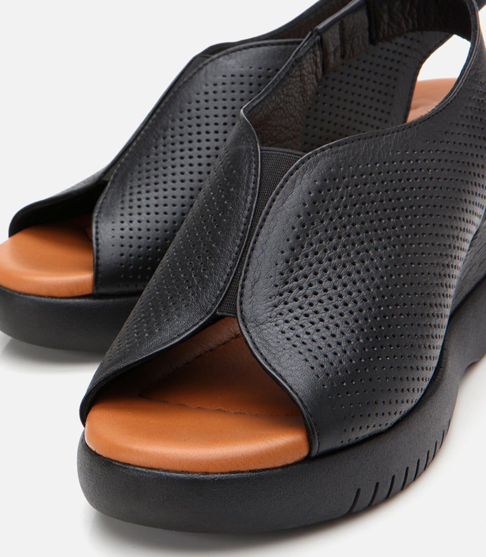 Women's Leather Wedge Sandals - Black