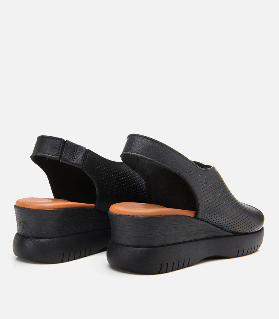 Women's Leather Wedge Sandals - Black